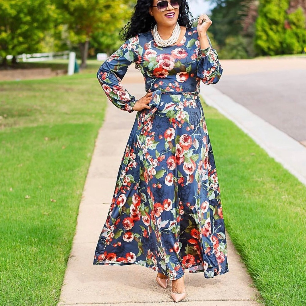 Gray and Orange Floral Longsleeve Maxi Dress
